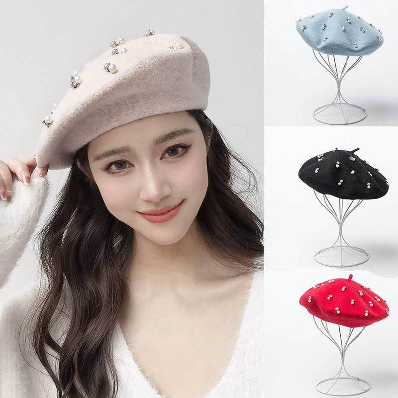 Beret French Wool - Trendy Winter Wool Beret Pearls Beads