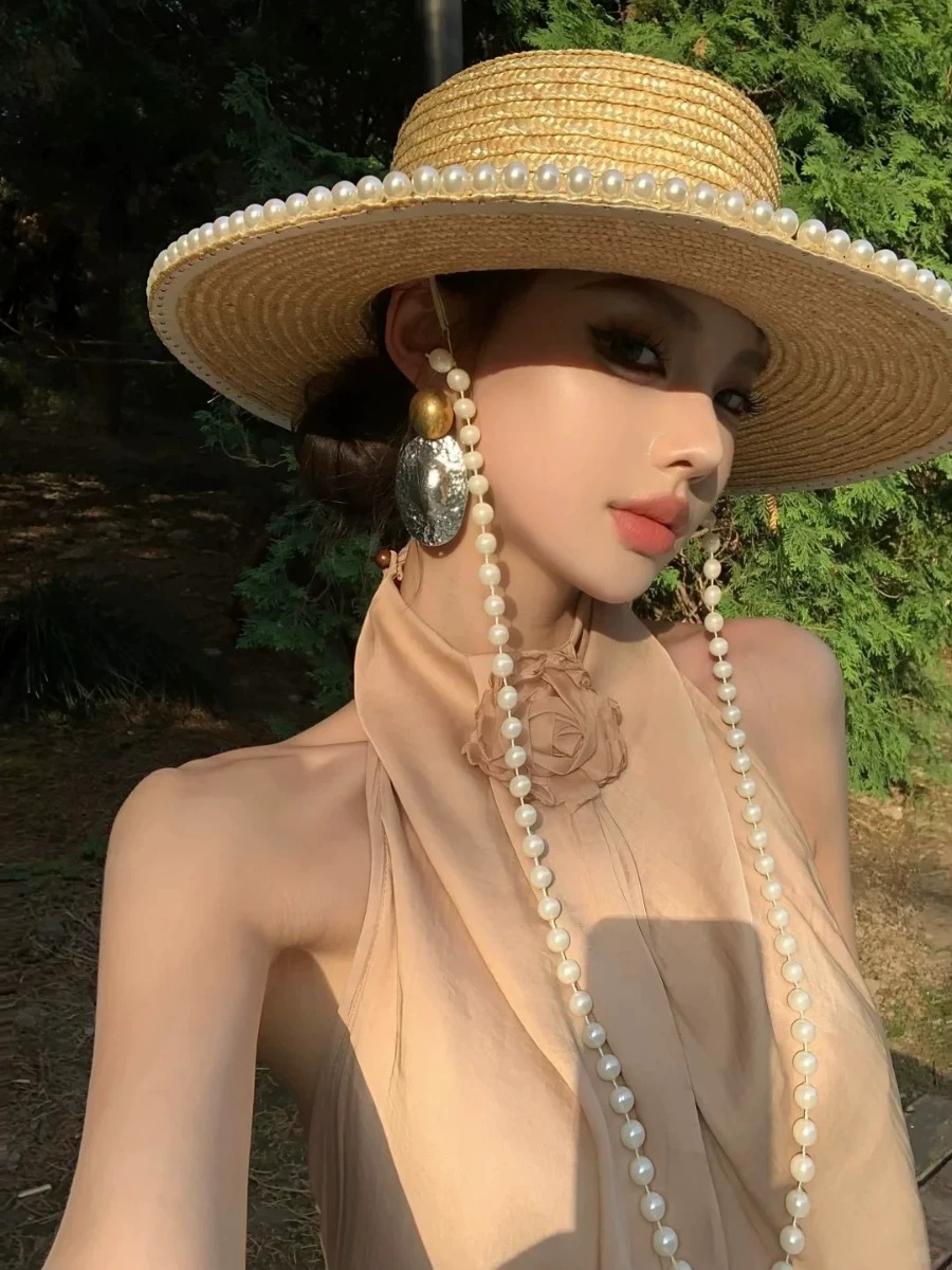 Cowboy Hat Straw - New Summer Fashion Pearl Chain Straw