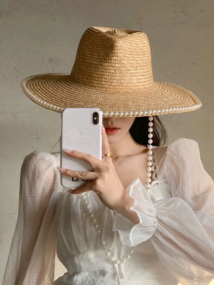 New Summer Fashion Pearl Chain - đánh giá và giá Cowboy Hat Straw
