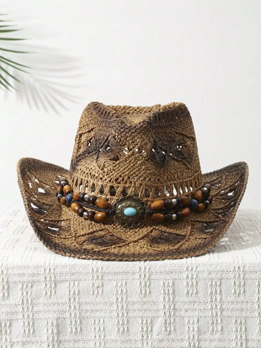 1Pcs Unisex Bead Decor Dyeing  - đánh giá và giá Cowboy Hat Straw