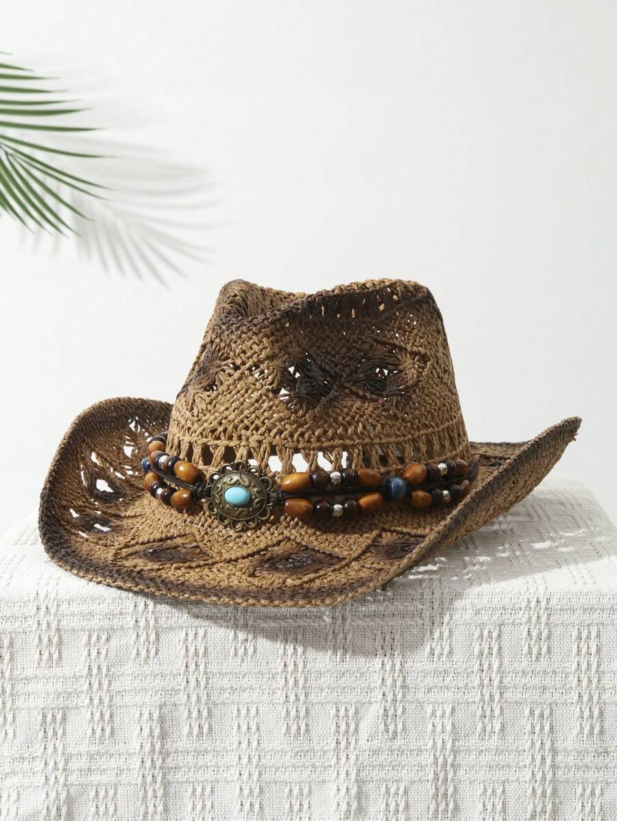 1Pcs Unisex Bead Decor Dyeing  - đánh giá và giá Cowboy Hat Straw